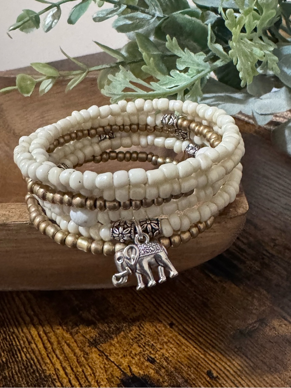 Artisan Ivory & Antique Gold Beaded Wrap Bracelet with Elephant Charm